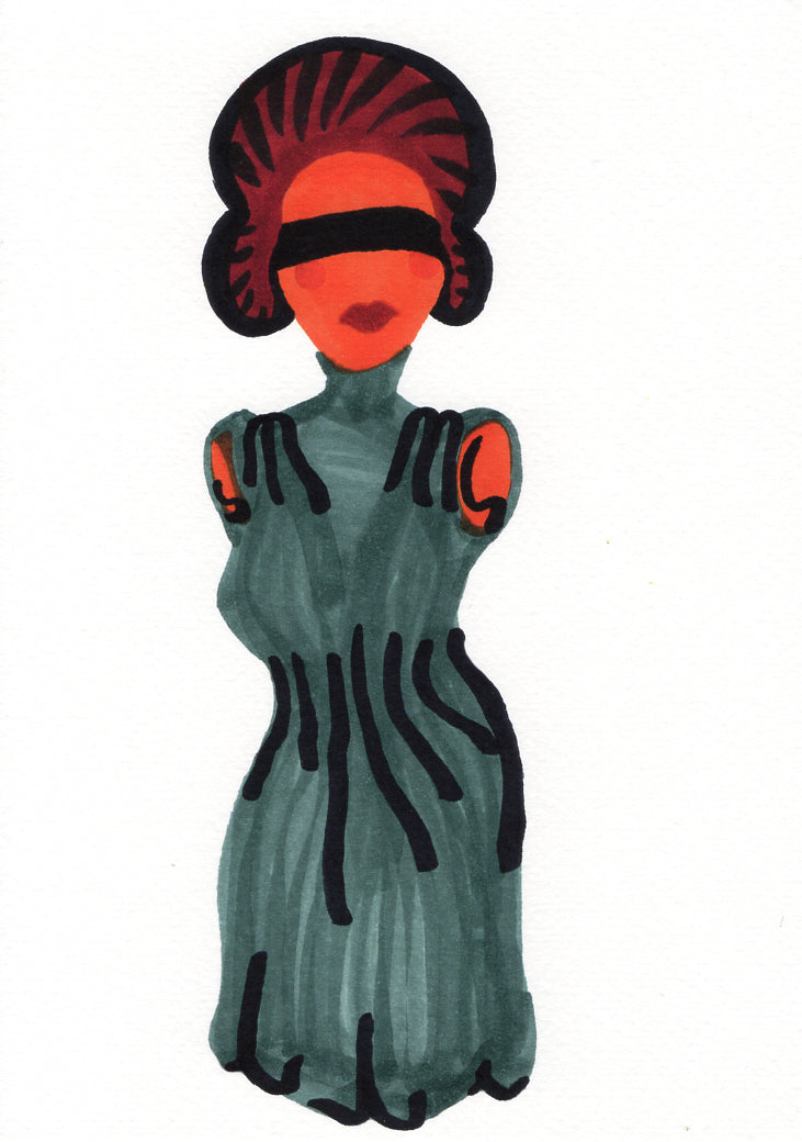 A fashion illustration of a woman stylized like a class Greek statue in a dark teal dress with black stripes and bright orange-red face and shoulder accents, set against a plain white background.