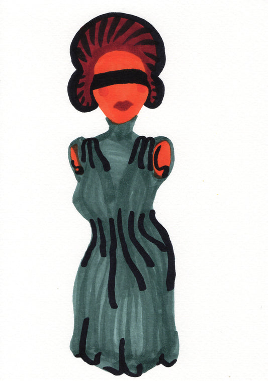 A fashion illustration of a woman stylized like a class Greek statue in a dark teal dress with black stripes and bright orange-red face and shoulder accents, set against a plain white background.