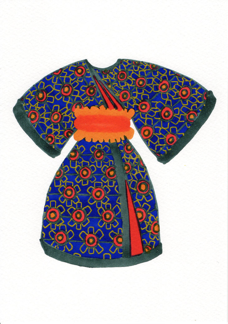 A traditional Japanese kimono robe with a blue base, decorated with red and gold geometric flower patterns, featuring a bright orange obi belt and red sash, shown flat against a white background.