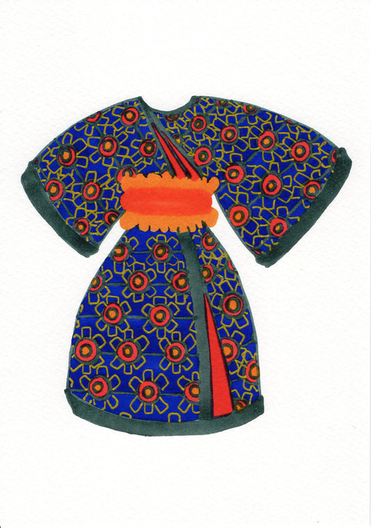 A traditional Japanese kimono robe with a blue base, decorated with red and gold geometric flower patterns, featuring a bright orange obi belt and red sash, shown flat against a white background.