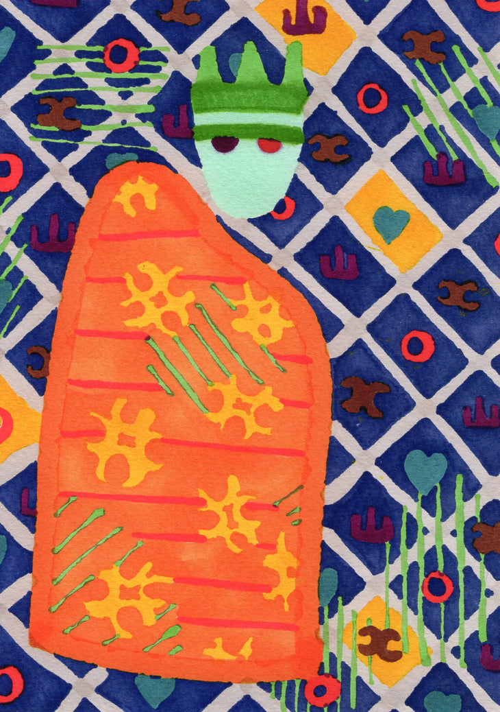 A colorful folk-art style illustration of a crowned figure wrapped in an orange patterned cloak, set against a geometric blue, yellow, and white background with abstract motifs.