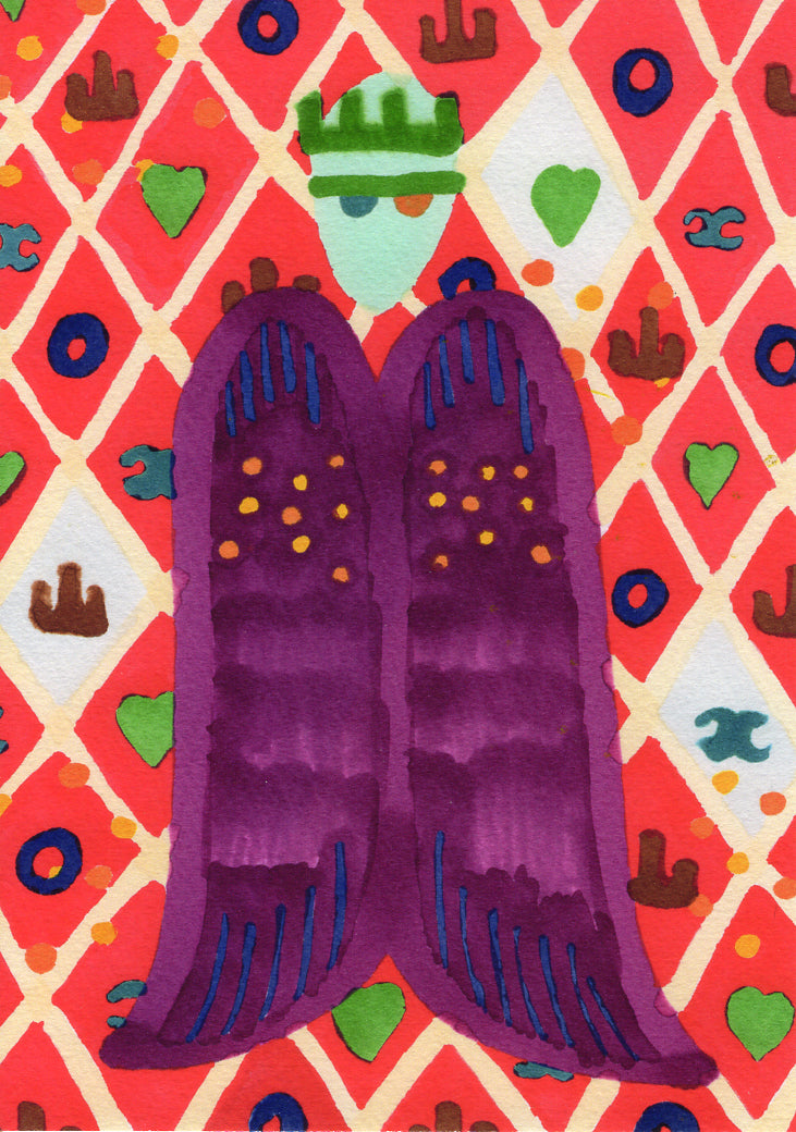 A colorful textile or fabric print featuring a stylized purple king-like figure with a green crown, set against a red and white diamond-patterned background with small green hearts and blue circular motifs.
