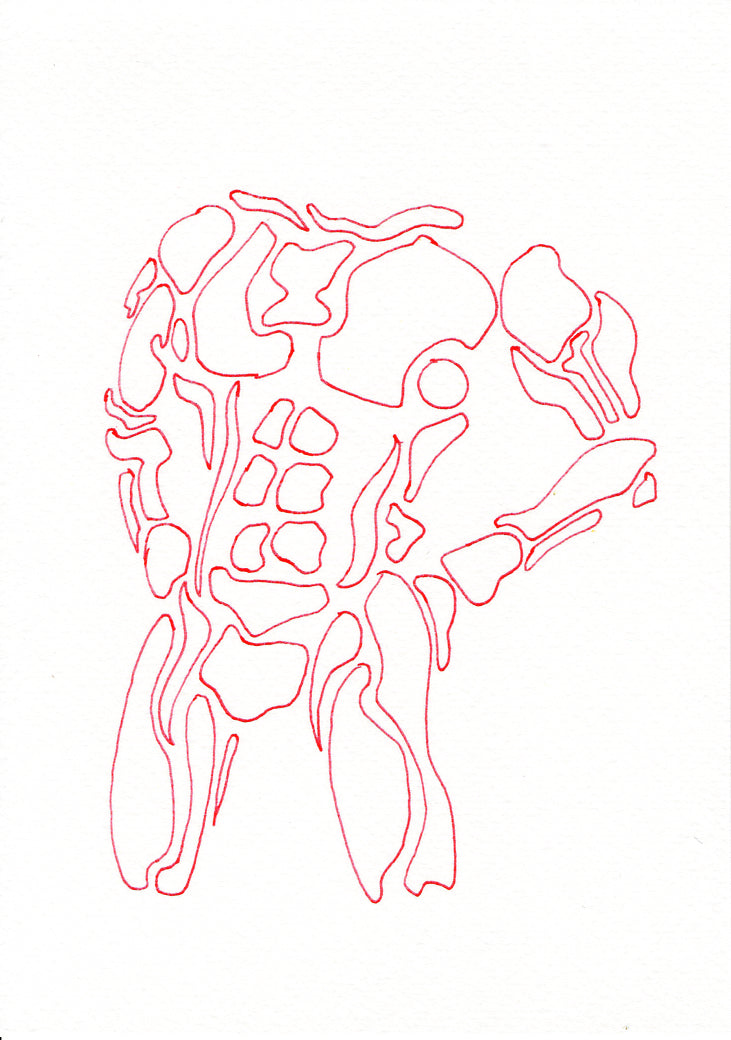 A minimalist red line art illustration of a male figure in an abstract style. His muscles are outlined in a fluid manner, but the style also suggests he could be coated in armor. 