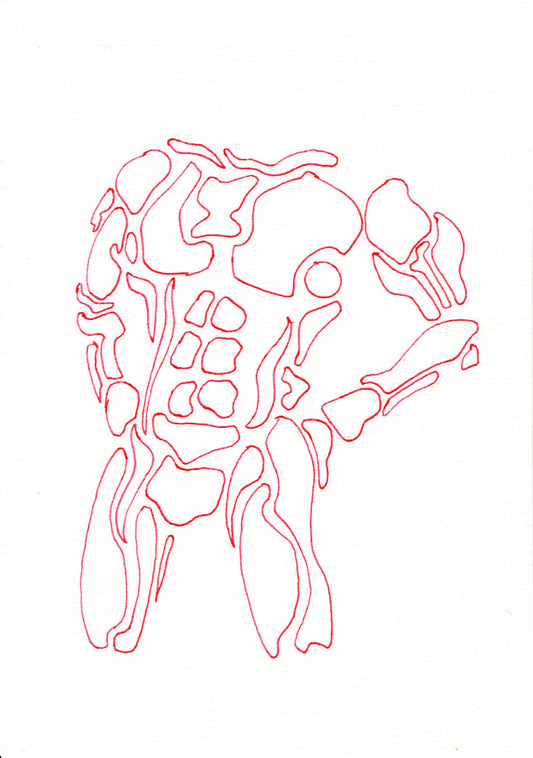 A minimalist red line art illustration of a male figure in an abstract style. His muscles are outlined in a fluid manner, but the style also suggests he could be coated in armor. 