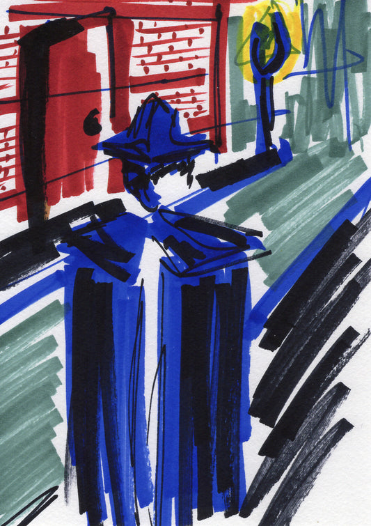 Abstract expressionist painting of a figure in a blue hat and coat standing in front of a red brick wall, rendered with bold black, blue, green, red, and yellow brushstrokes on a white ground.