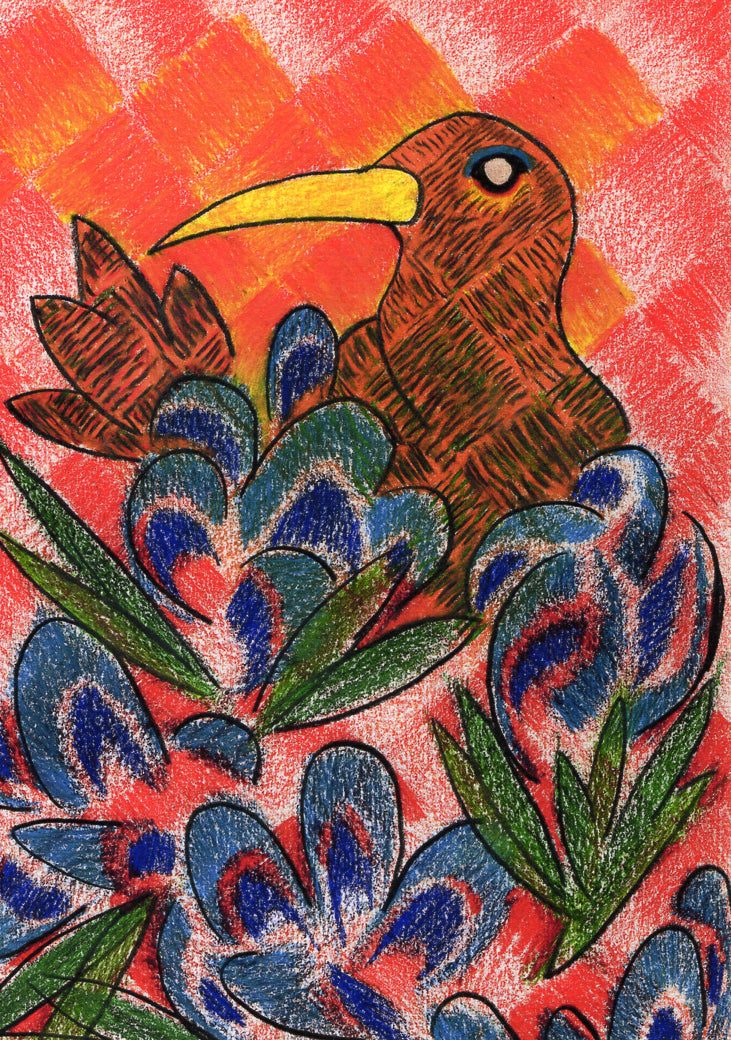 A colorful pencil or crayon-style illustration of a red bird with a yellow beak perched among blue and green patterned flowers against a warm orange and red striped background.