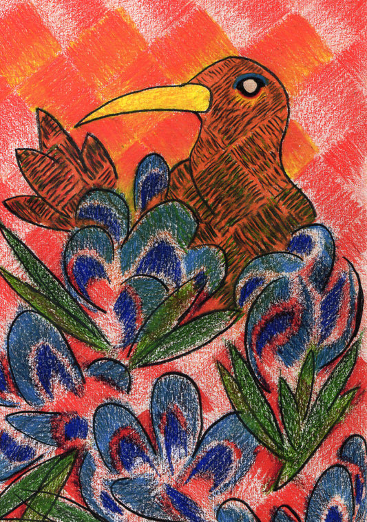A colorful pencil or crayon-style illustration of a red bird with a yellow beak perched among blue and green patterned flowers against a warm orange and red striped background.