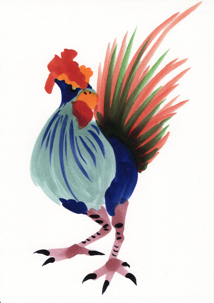 Colorful rooster illustration in a traditional east Asian painting style on a white background