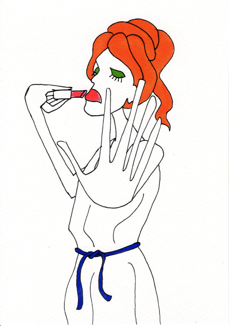A minimalist line-art fashion illustration of a woman with bright orange hair, green eyes, and a blue waist tie, applying red lipstick against a plain white background.